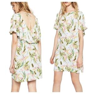 Zara Birds of Paradise Floral Open Back Dress Large Green Pink